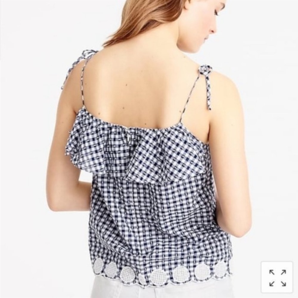 J Crew Ruffle Top Eyelet blouse size 12 checkered pattern gingham blue